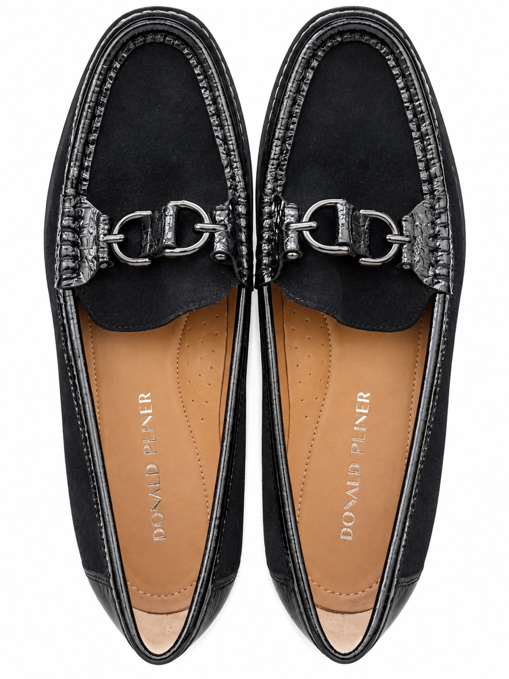 Donald J. Pliner Black Suede & Patent Loafers with Silver Horsebit